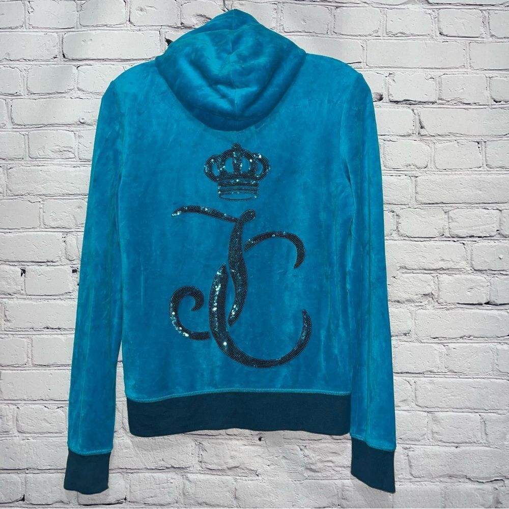Vintage Y2K Juicy Couture Blue Velour Sequin Logo Tracksuit Hooded Jacket